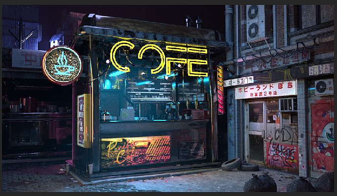 赛博朋克咖啡店|三维|场景|噜噜lucien - 原创作品 - 站酷 (zcool)