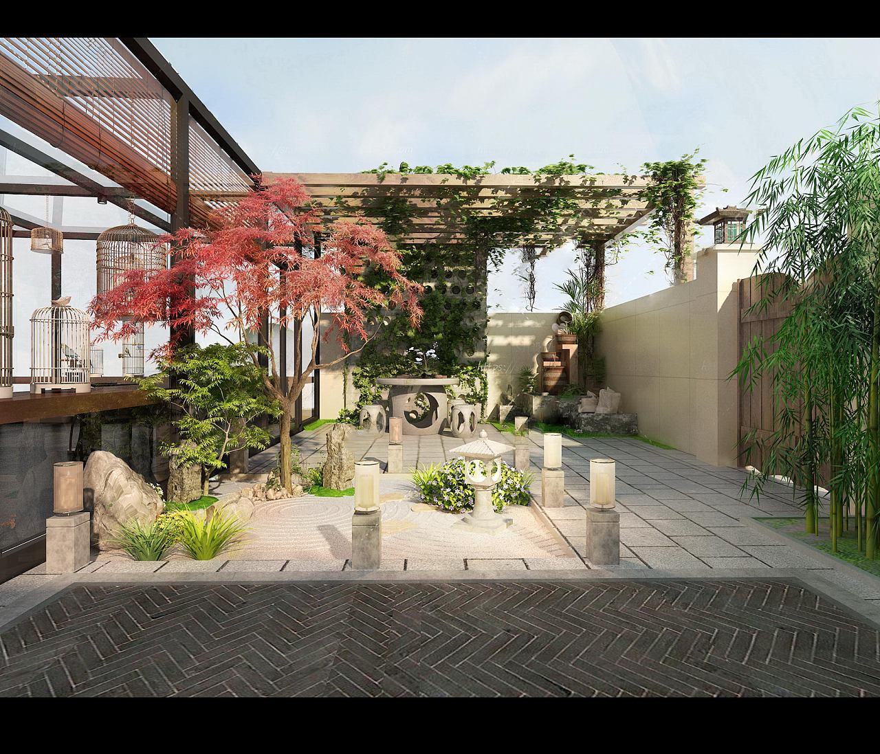 中式园林景观、庭院、露台su模型|空间|景观设计|蓝色的榴莲 - 原创作品 - 站酷 (ZCOOL)