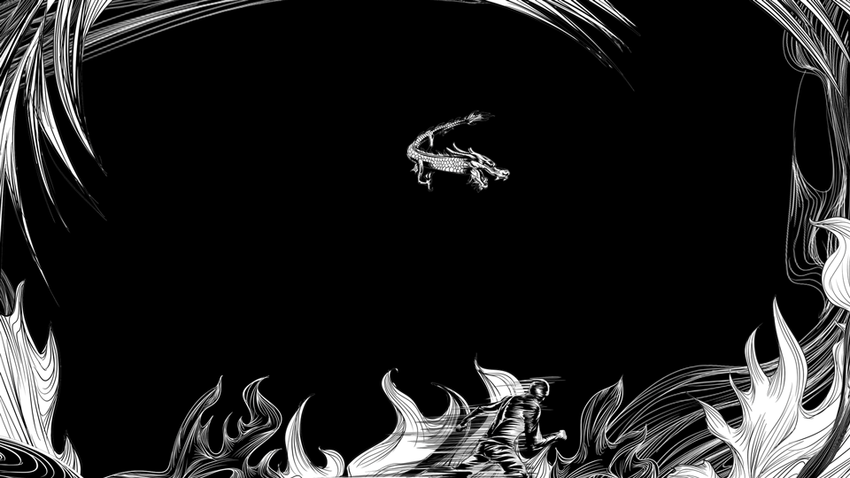 animation 部分 GIF 001
画面着重讲龙从远处飞来,佛手用力同时,<br>龙开始喷火,人奔跑出画,巨大的火球占据整个视线,从而直接转切到第二画面