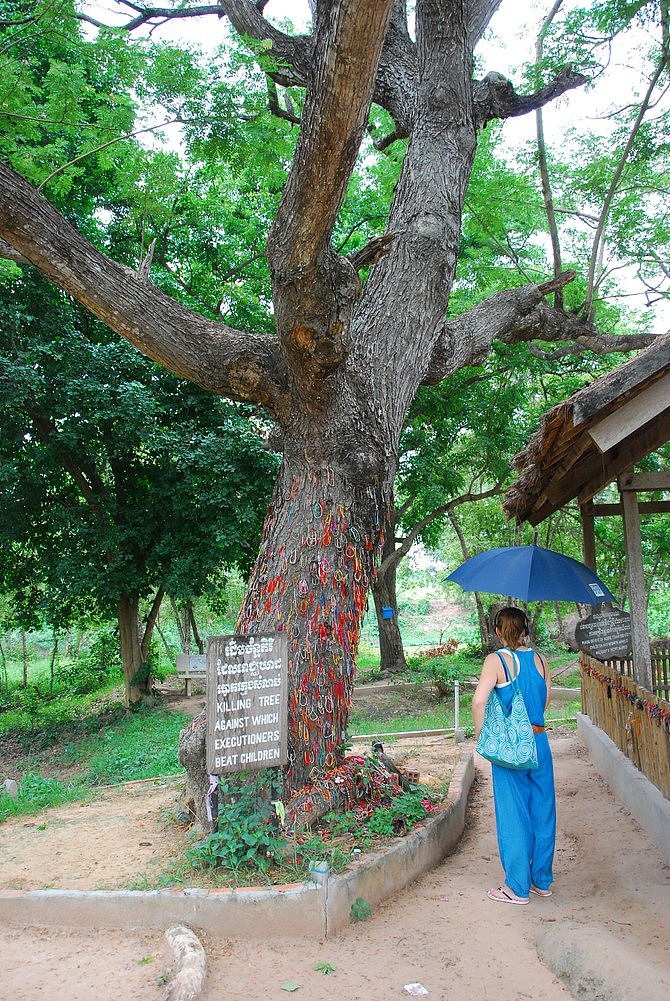 而映入我眼帘令我感触最深刻的，莫过于正片区域后段的那棵树。据说当年赤柬部队屠杀的不仅有成年人，平民的婴儿也不会放过。旁边的一张照片记录了当时的状况：一个士兵拎着一个襁褓中的孩子，朝着那棵树抡过去，惨绝人寰。看来普达拉的恶魔，着实存在于每个人心中，我在那可树面前矗立许久，除了唏嘘，别无他感。
   <br>       耐心地听完讲解器里面的每一个故事，又和周边的一些旅人聊一聊那段历史，感觉时间不早了，身子又有些乏，出来朝歌餐馆点了一份蛋炒饭看了下表发现才10点半.......<br>       这是柬埔寨的第二天，几天下来的奔波，加上刚出远门的兴奋略微降了下来，坐车回到旅舍倒在床上就睡，再一睁眼就到晚上了。现在回想幸好当时回来了，让我遇到了这次出行的第一位同行者————Holly(《旅舍是个好地方》里面最后的那个妹子)<br>        她是一个美国籍华裔越南人，是我印象中典型美国女孩的模板，自由的思想，爽快地谈吐。作为第一次进行背包旅行的她刚进旅社的时候多少有点狼狈。背后一个包，左右各跨一个包，腿上一个小包，腰上一个相机包，蓬头垢面大汗淋漓的包夫人。被热情欢迎了之后迅速爬到房间修整，说实话，第一面印象一般。但是半小时之后她洗好澡，换好衣服容光焕发地下来问我Wifi密码的时候，那张映在微弱灯光下的脸庞仿佛在泛光。<br>        “恩，你为啥问我啊？”<br>        “啊？你不是员工么？”<br>        “…….妈蛋.....”   <br>       我笑笑问了她的旅行目的。她竟然也是第一次做背包客，目前她大学毕业，实习被派到了马来西亚，所以她觉得为什么不顺道去看看吴哥窟呢～