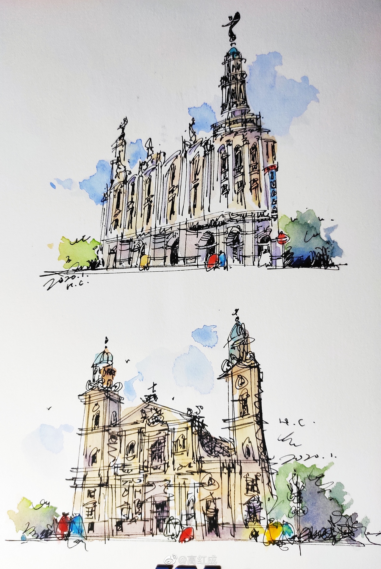 钢笔淡彩建筑风景速写