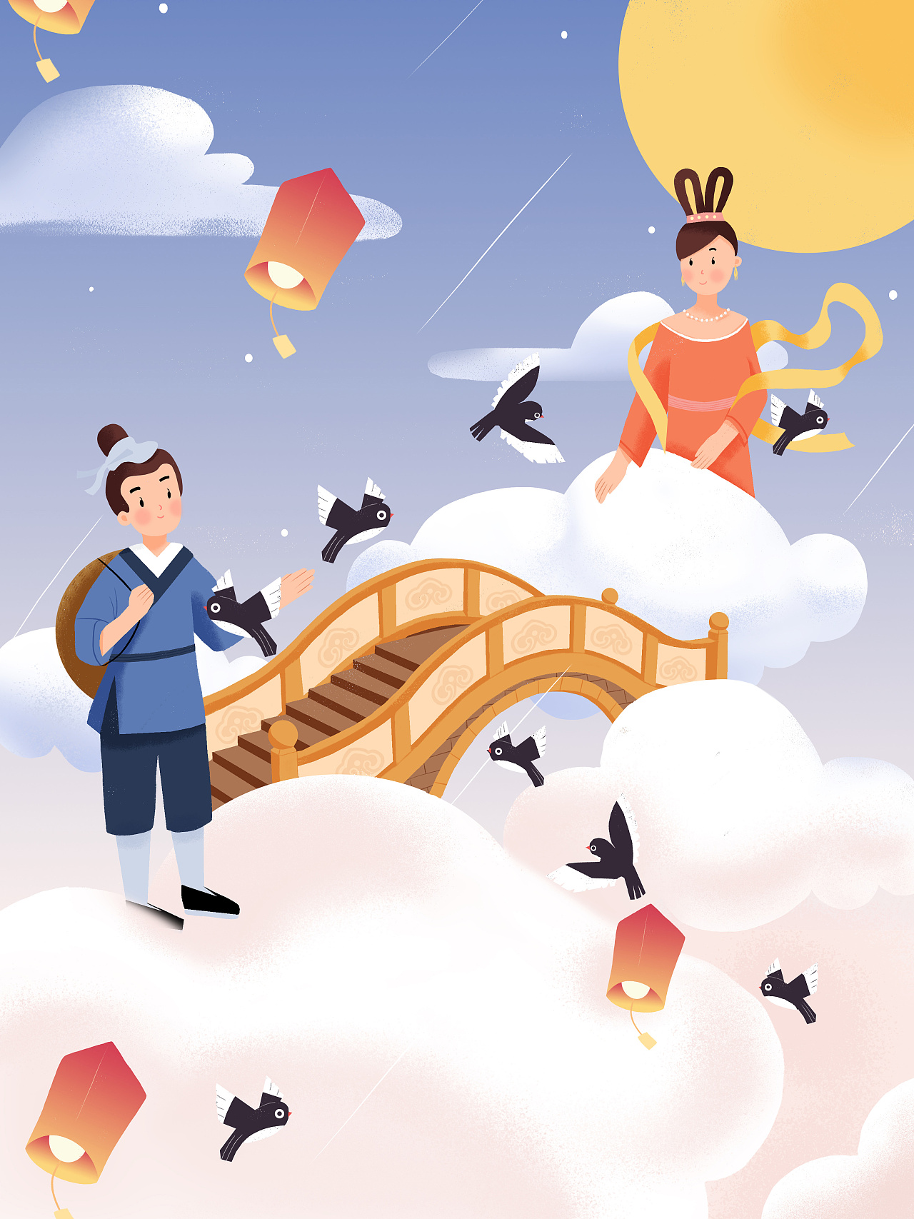 七夕情人节祝福3D中国风全屏竖版海报_图片模板素材-稿定设计