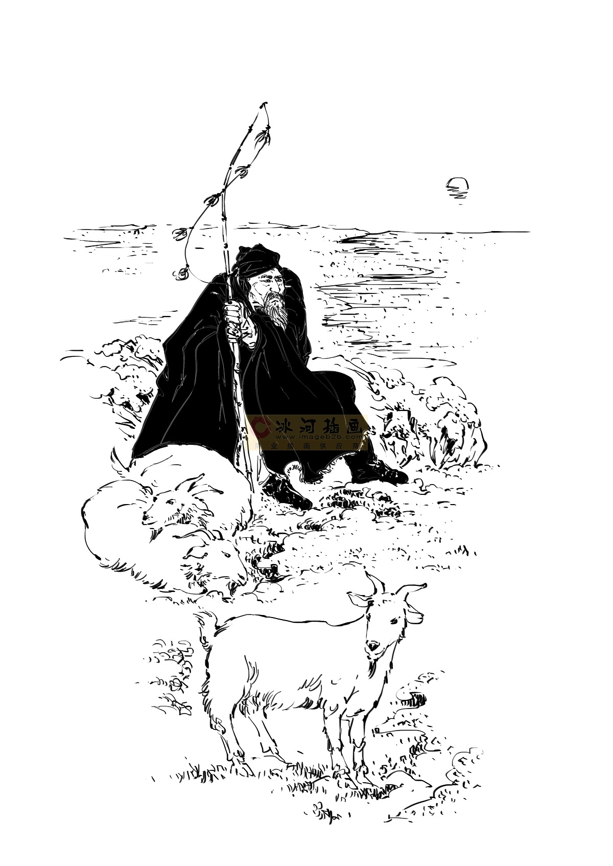 中小学生古诗词文黑白墨稿线稿连环画风格