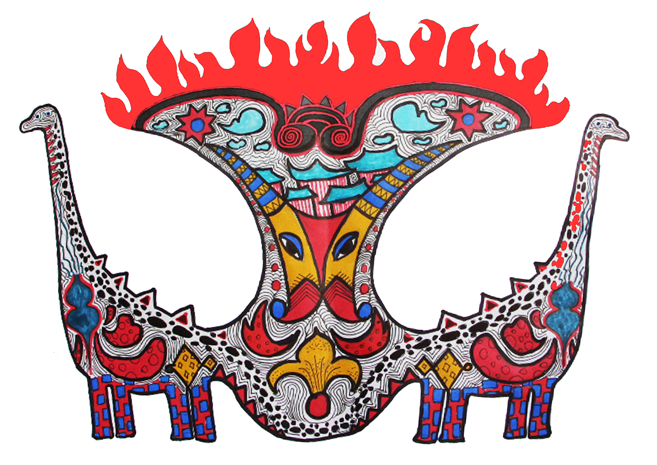 楚雄是恐龙化石之乡,而且楚雄彝族火把节很出名,两者结合设计出新的画