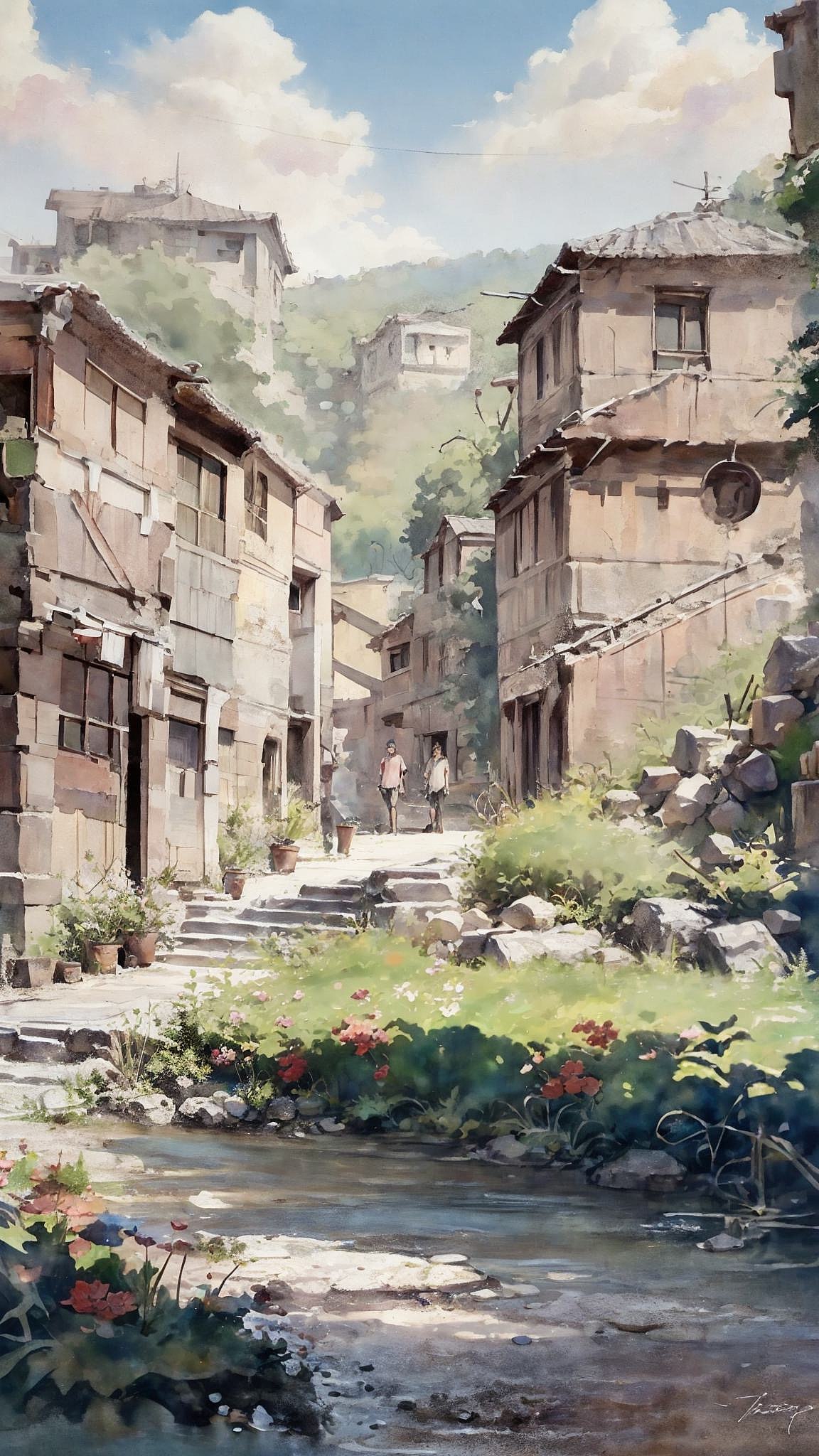 AI原创设计 古村落水彩风格