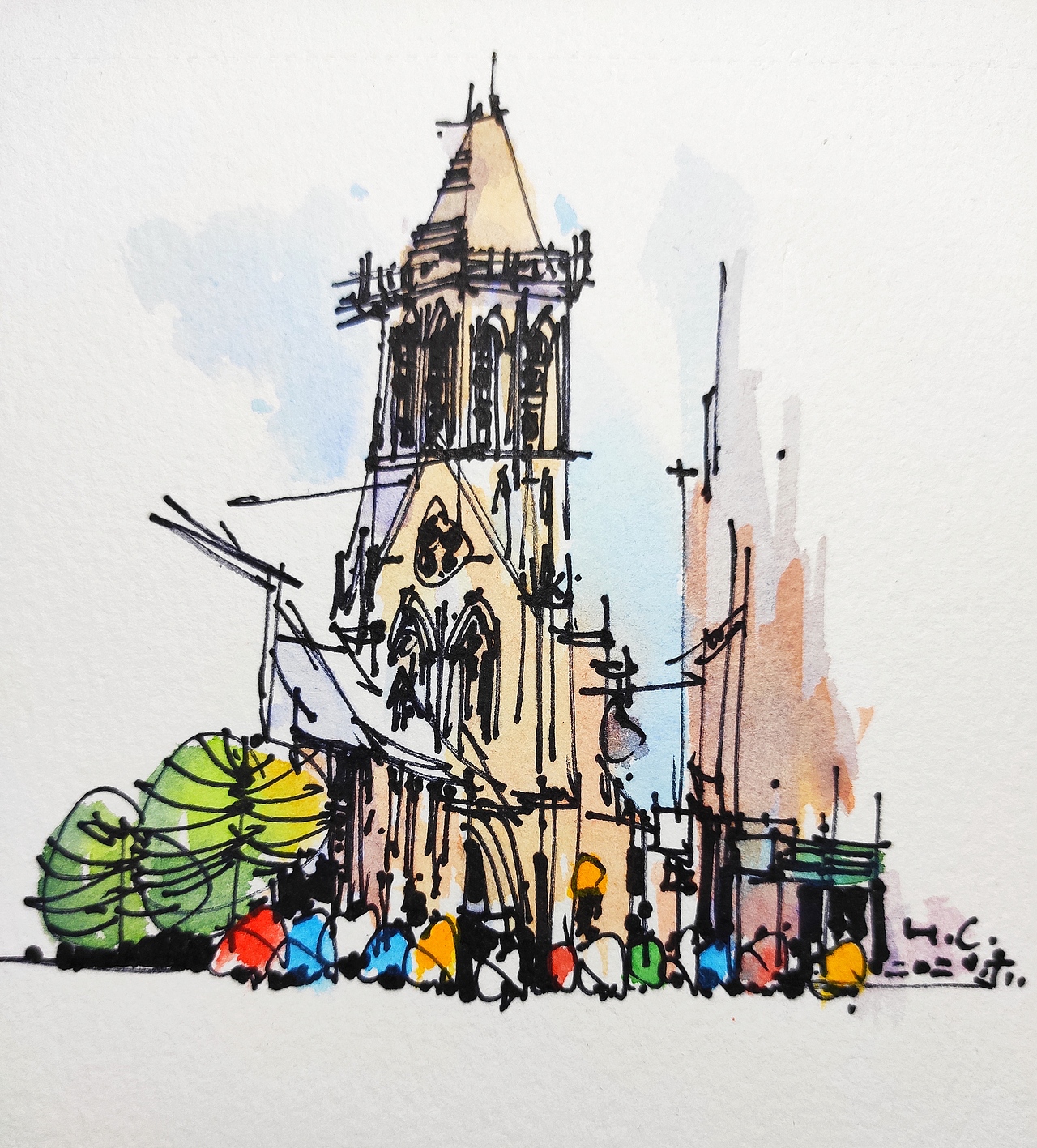 钢笔淡彩建筑风景速写