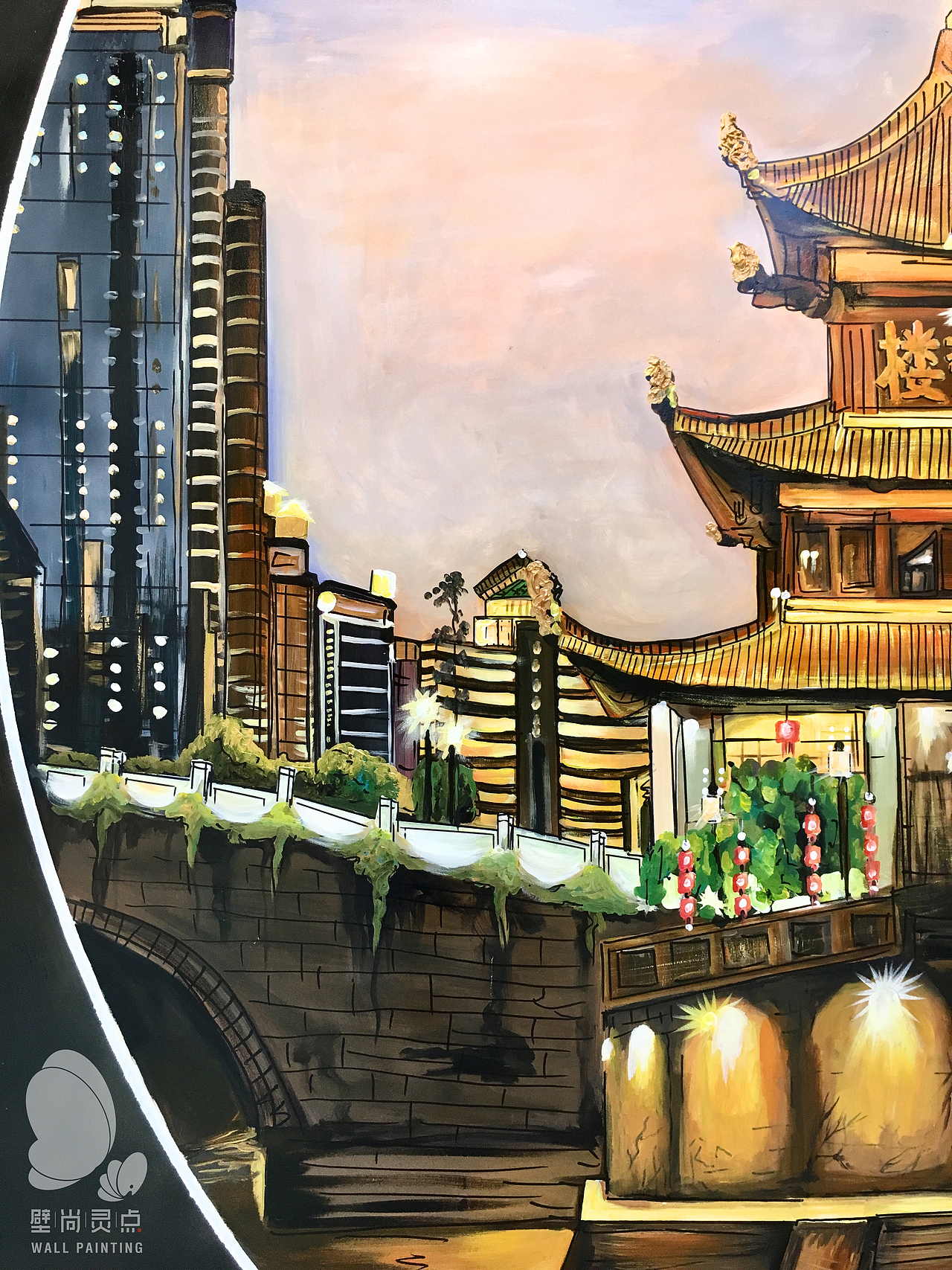 手绘甲秀楼夜景今日效果完成待加框裱