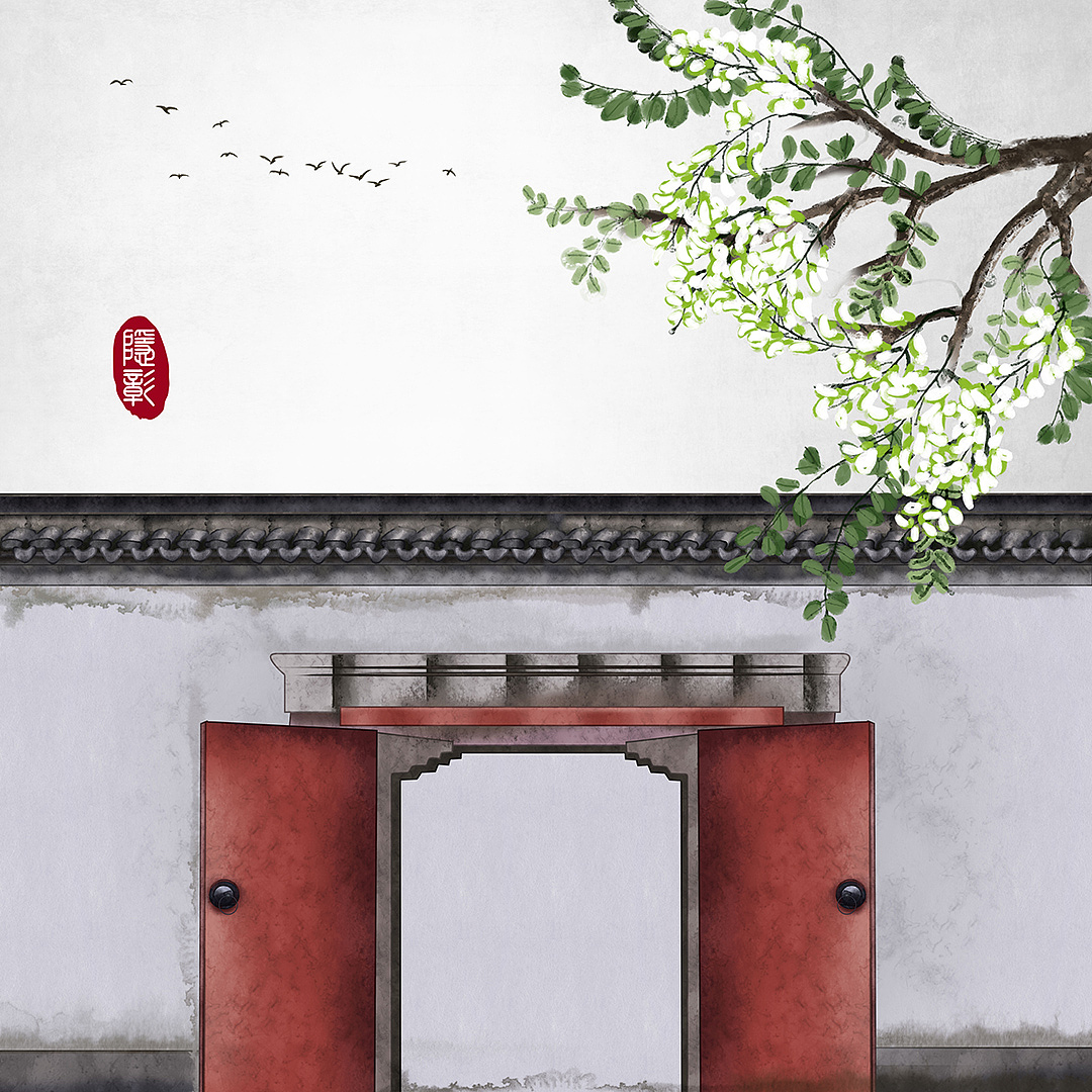 桂花中式门古建筑古门飞鸟古风水墨画古风插画