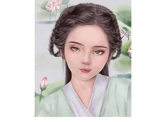 古风人物儿童厚涂荷花插画