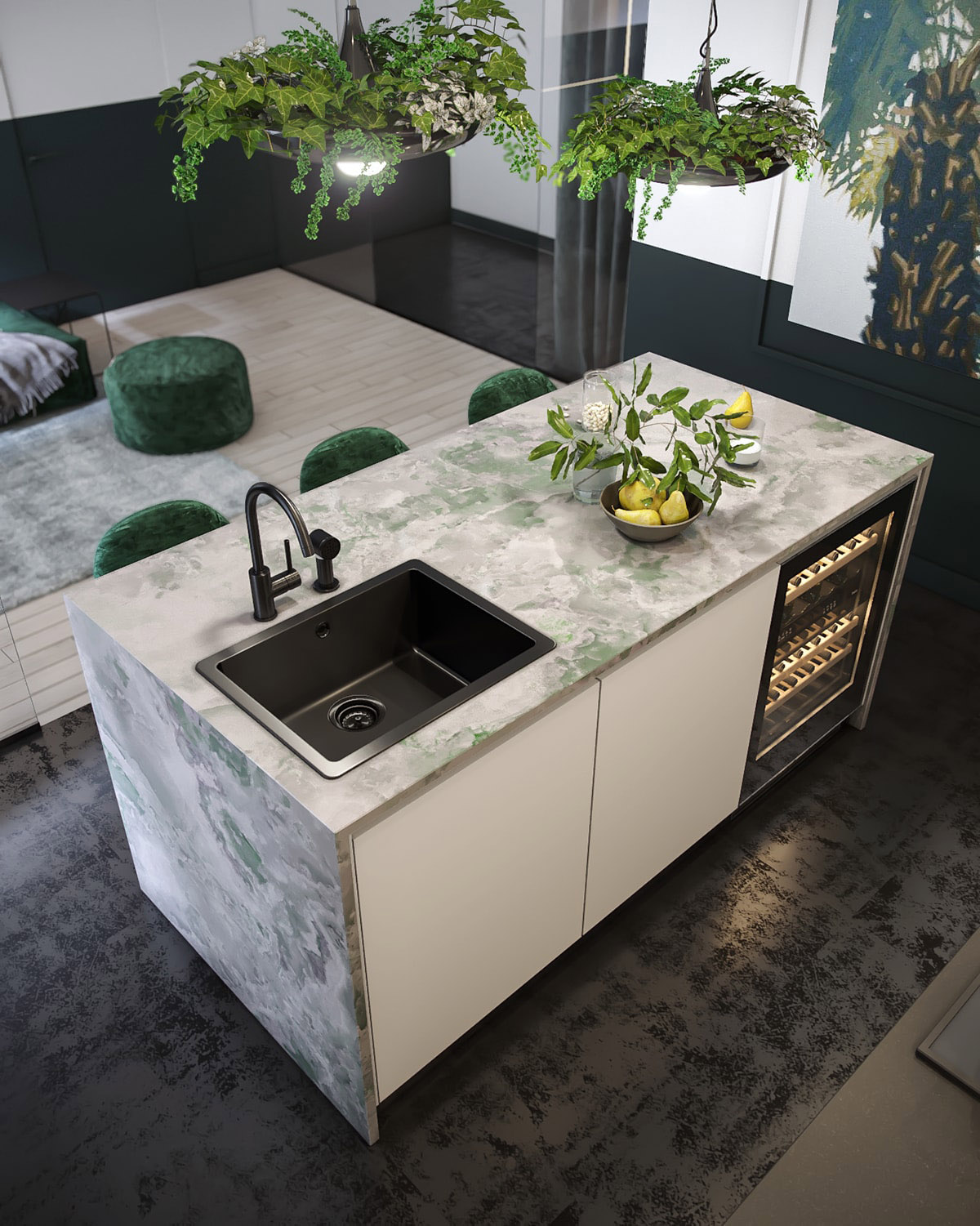 这个美丽的厨房岛屿还包括水槽和基本的葡萄酒存储柜.