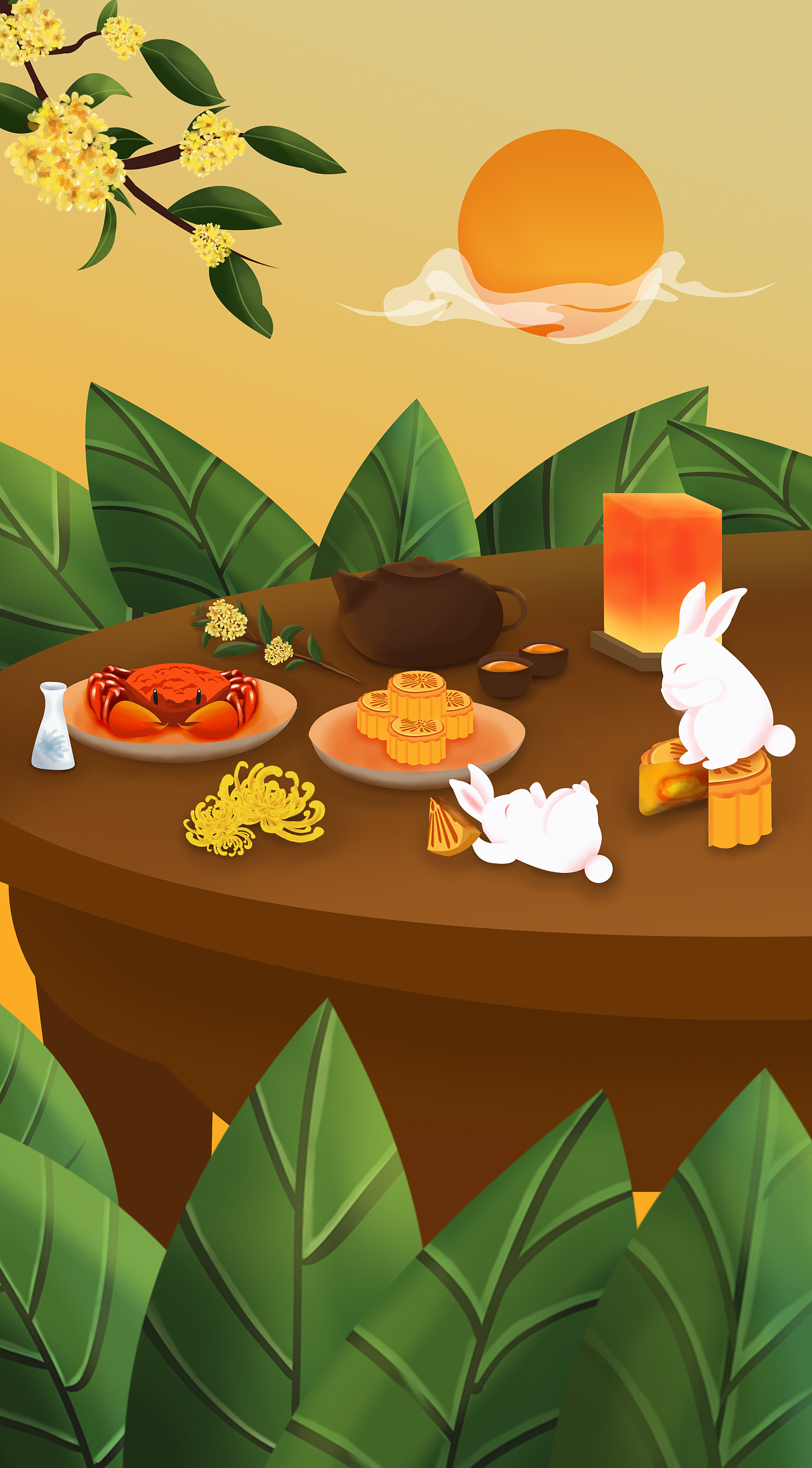 中秋节插画 圆桌上丰盛的中秋节物品|插画|商业插画|月明m - 原创作品