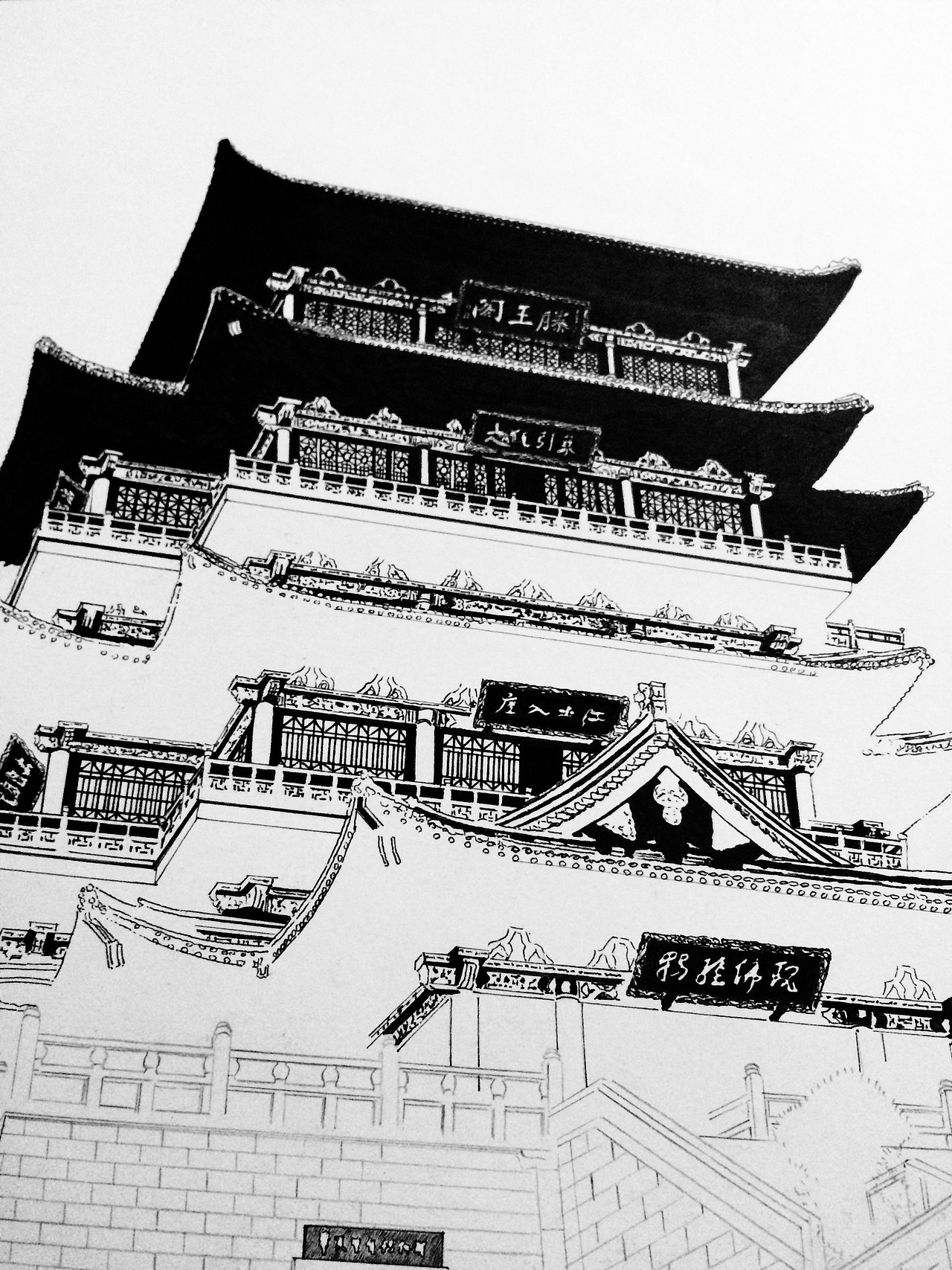 古建筑黑白涂鸦