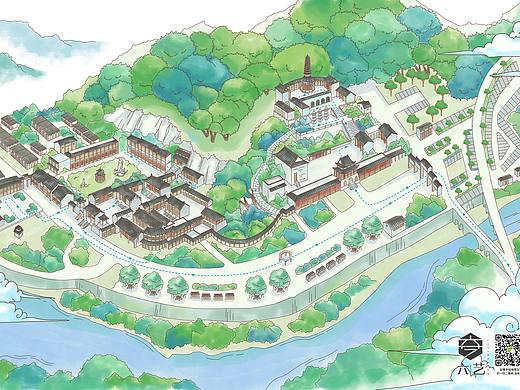 义居寺佛堂寺庙手绘地图导览图水彩插画清新风
