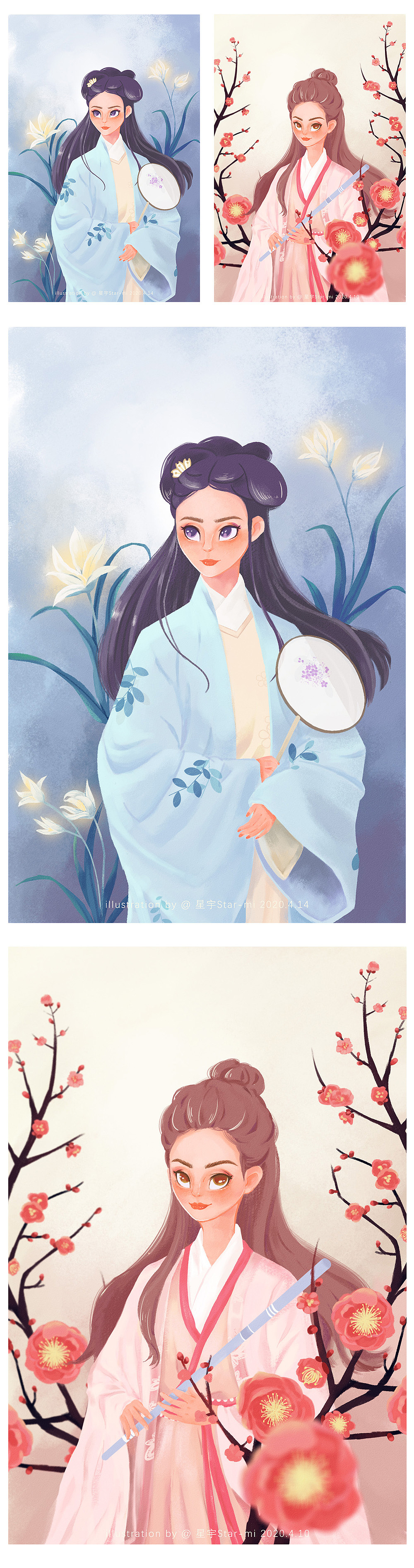 梅花与兰花的拟人古风绘画