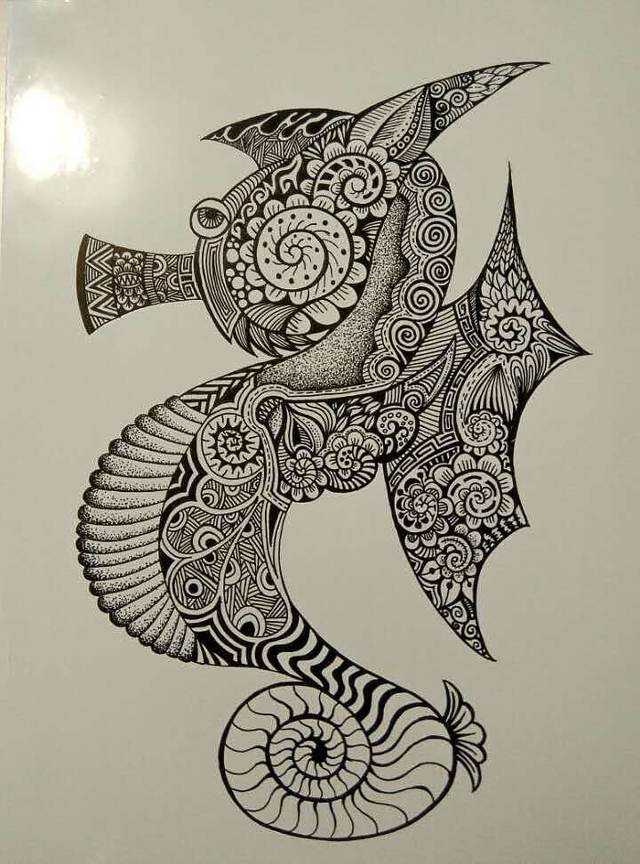 手绘黑白装饰画海马