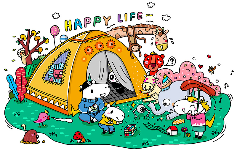 一家人同小动物们嬉戏玩耍 br>by 秦小绘