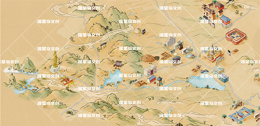 各类型旅游手绘地图仙女湖，须弥湖，平顶山，喵星岛