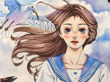 《海鸥与少女》原创水彩小清新插画