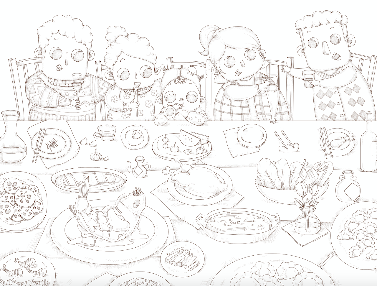 吃年夜饭简笔画食物图片