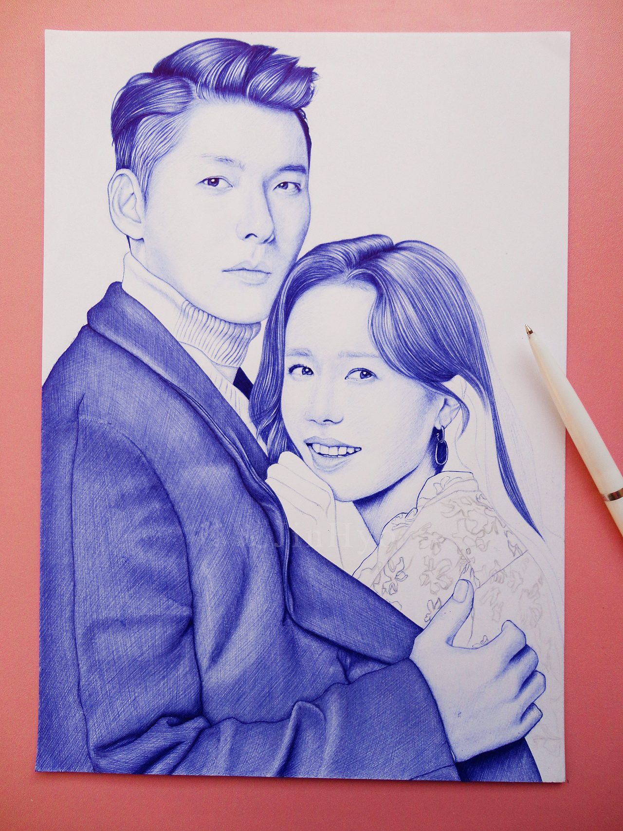 圆珠笔手绘《爱的迫降》玄彬&孙艺珍