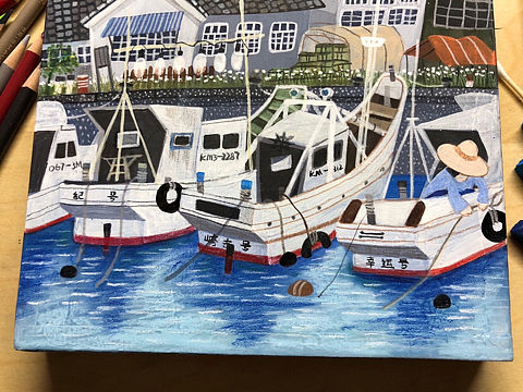 蓝色海和船