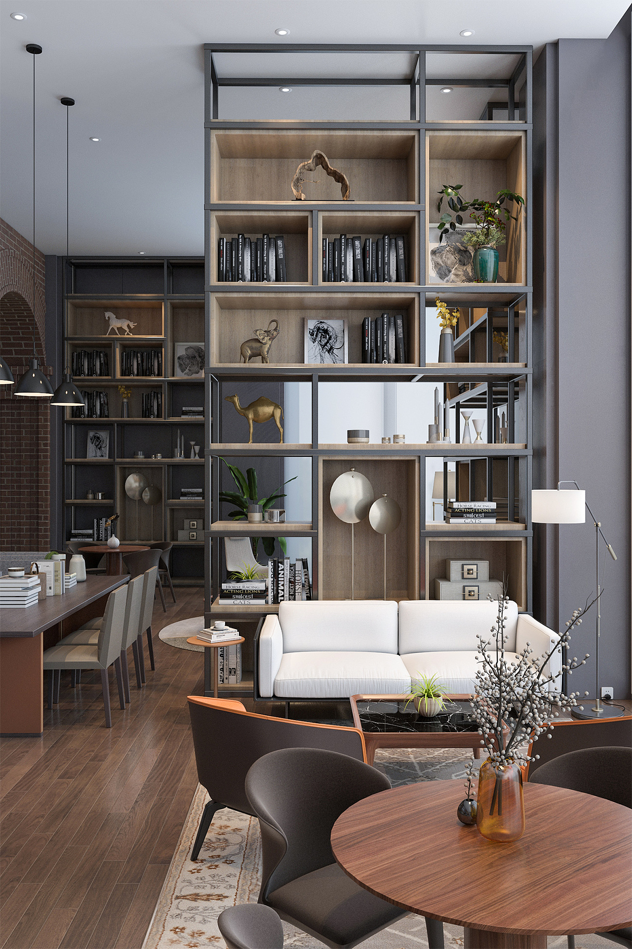 书架挑空的设计让空间隔而不断,营造出一种图书馆的氛围。