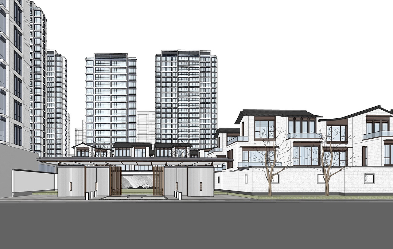 现代高层住宅+合院别墅SU模型下载