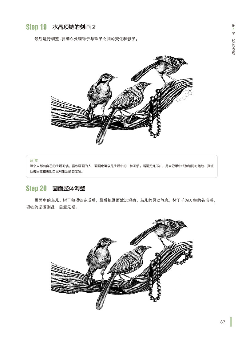 《黑领噪鹛与水晶项链》绘制步骤