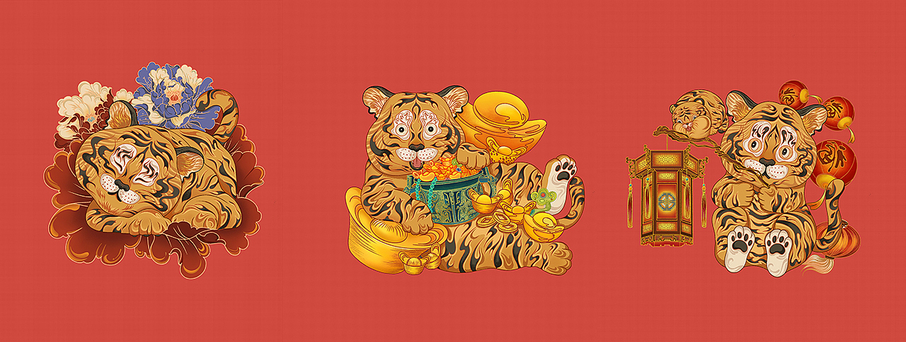 九虎送福—国风贺岁插画——虎年插画（图ZMjgwMjUwNjUy） - 商业插画 - 站酷设计师卓煜原创素材 - 站酷ZCOOL