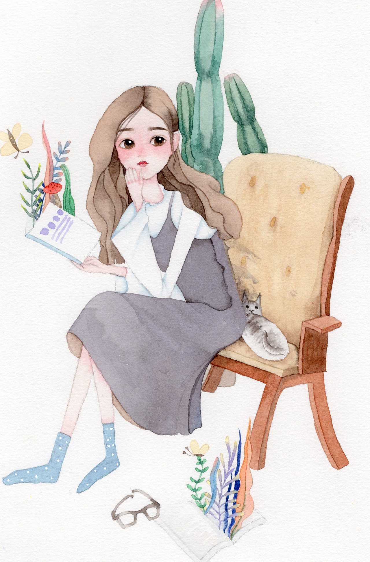 发一组今年画的少女水彩画