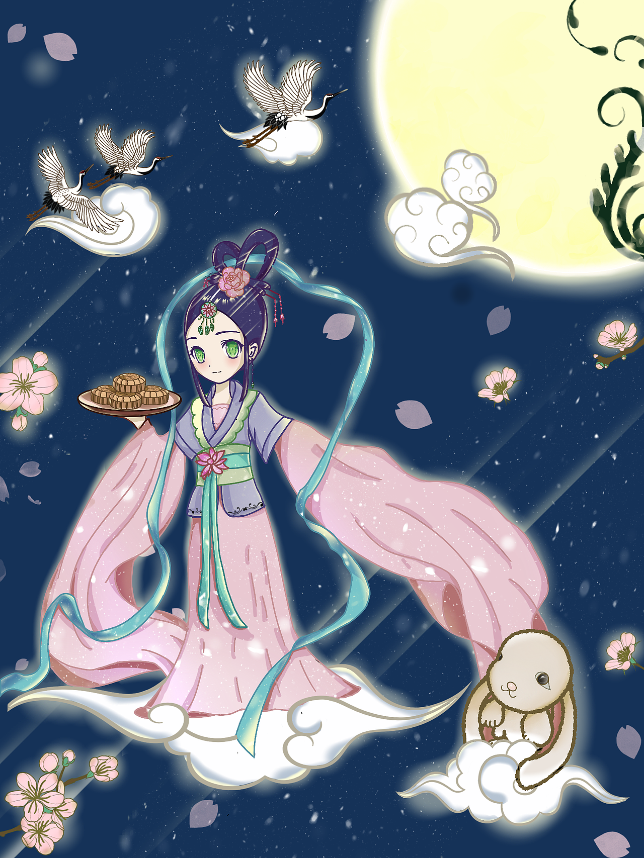 中秋嫦娥奔月,仙鹤桃花齐飞飘舞