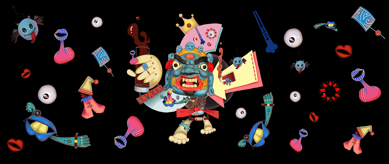 戏剧插画一藏戏面具贪嗔痴