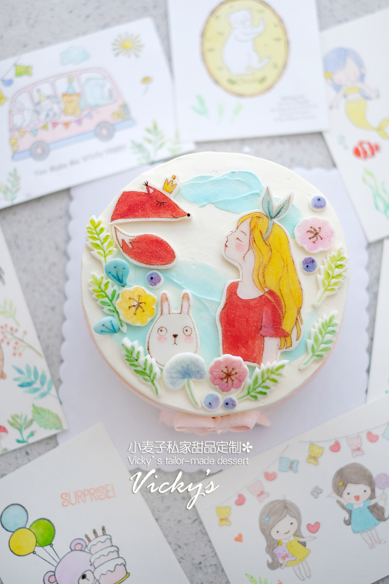 女孩和小狐狸,水彩风格的手绘蛋糕