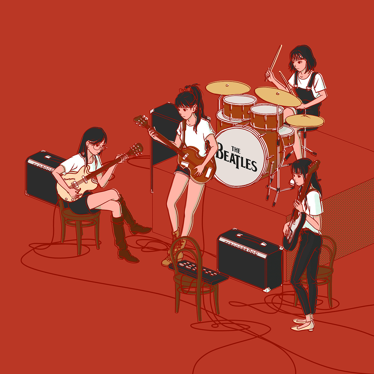 波普风格原创插画设计《BEATLES GIRLS》摇滚少女