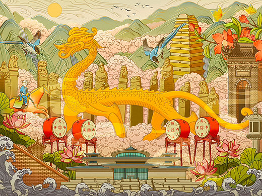 西安博物院 鎏金走龙 插画手绘