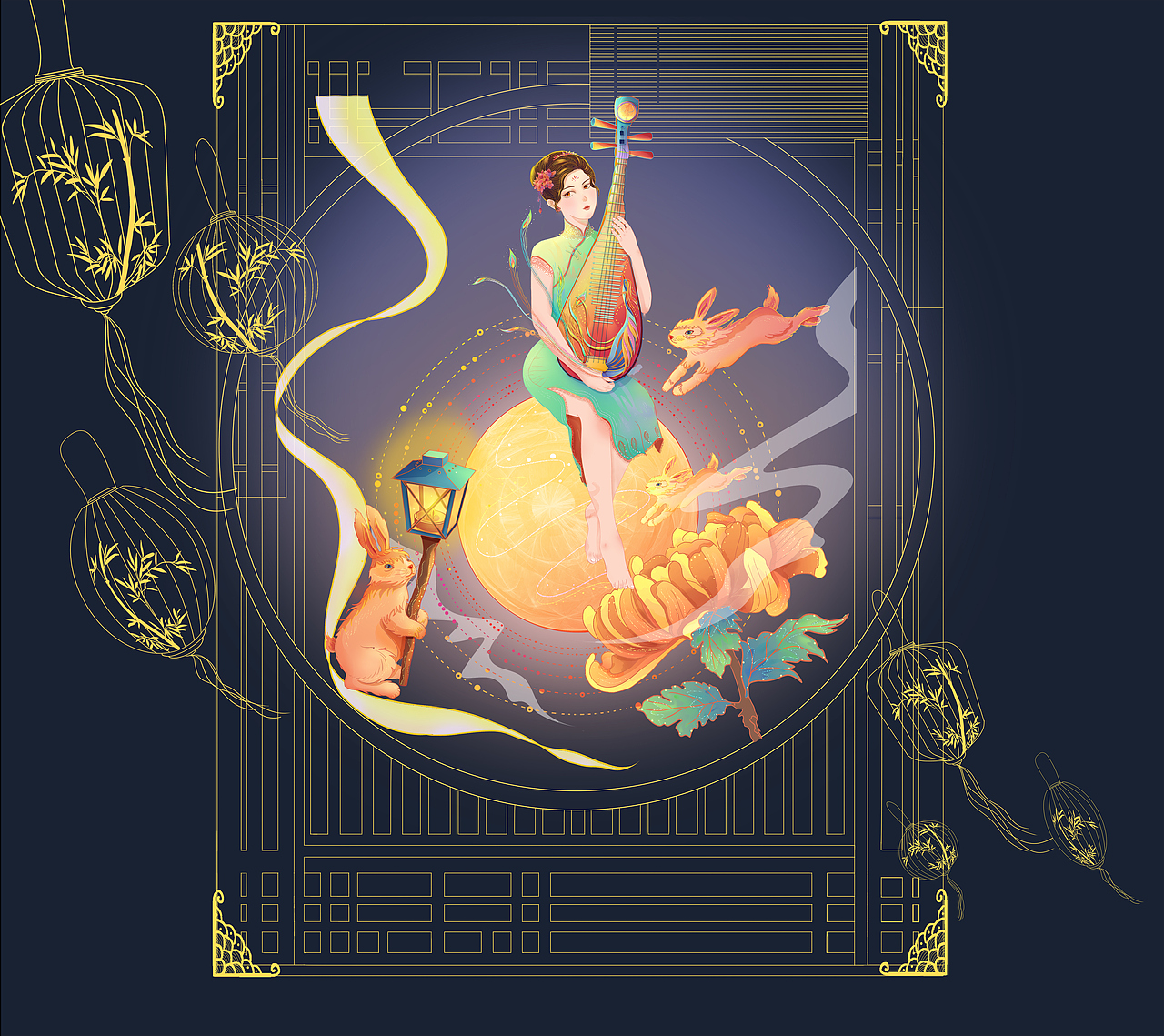国潮插画~中秋月圆夜(玉兔、琵琶)