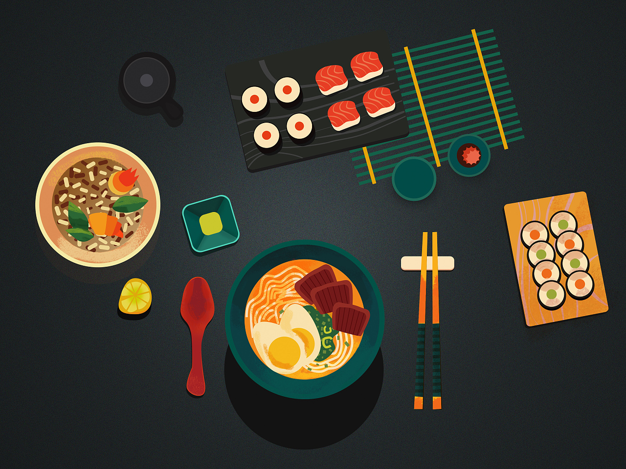 ai ps绘制颗粒质感的日本料理插画