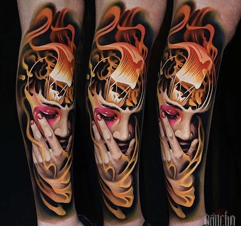 大型欧美传统纹身图案合集胸口蓝色与暖色配色骷髅与