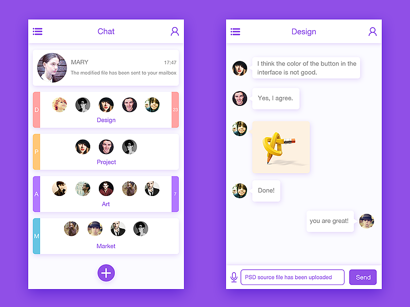 #06 
团队聊天工具,更为明显的群组名片,以颜色和首字母作为区分,名片右侧有未读消息的数量,方便识别。