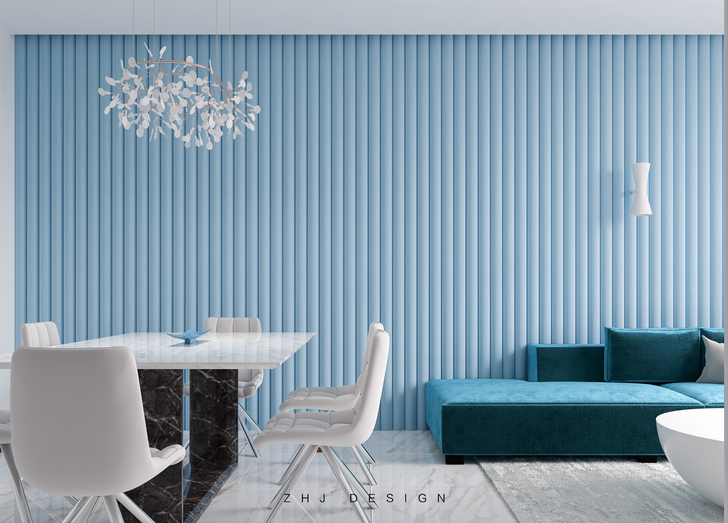 新中式客厅蓝色电视背景墙装修效果图 – 设计本装修效果图