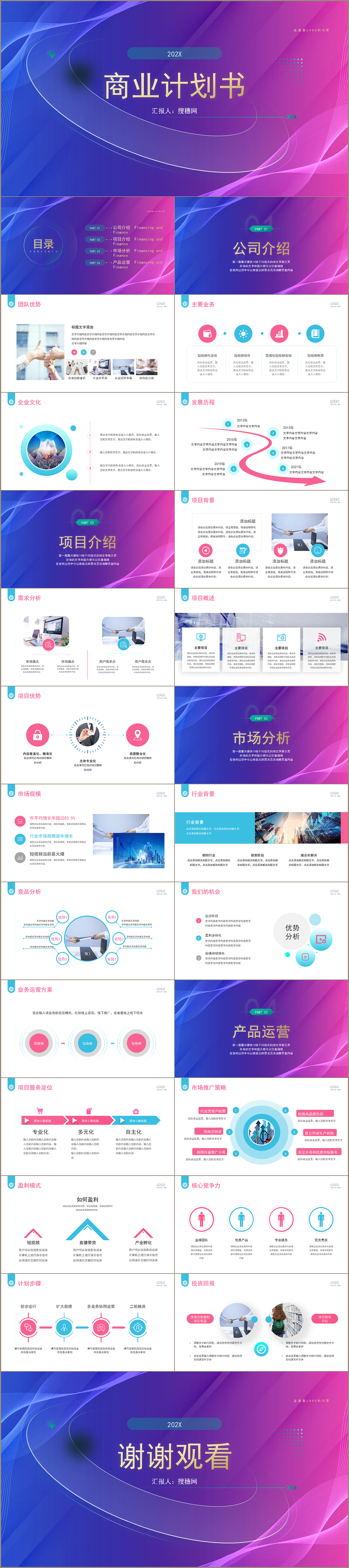 酷炫蓝紫色商业计划书项目汇报通用PPT模板