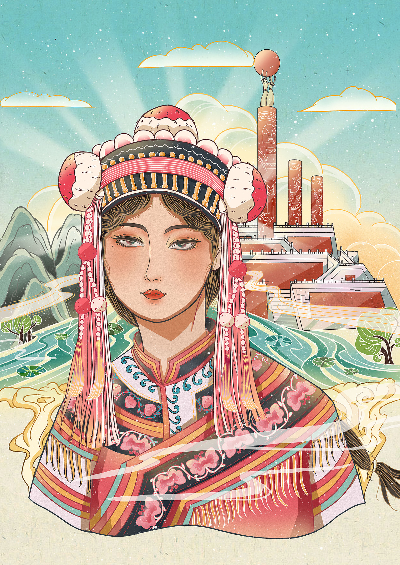 彝族少女服饰插画