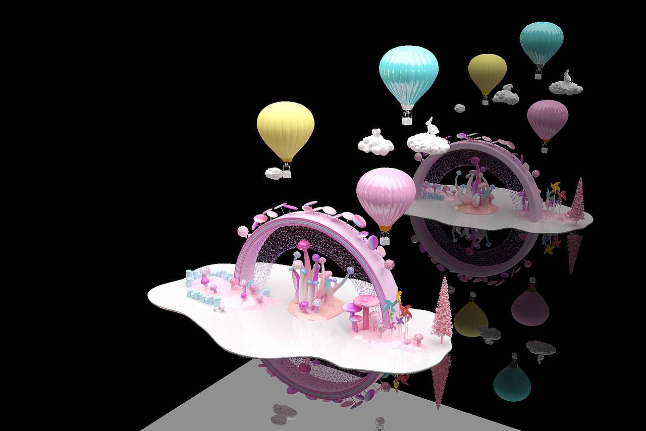 热气球美陈卡通少女心快闪店粉红打卡点3d效果图