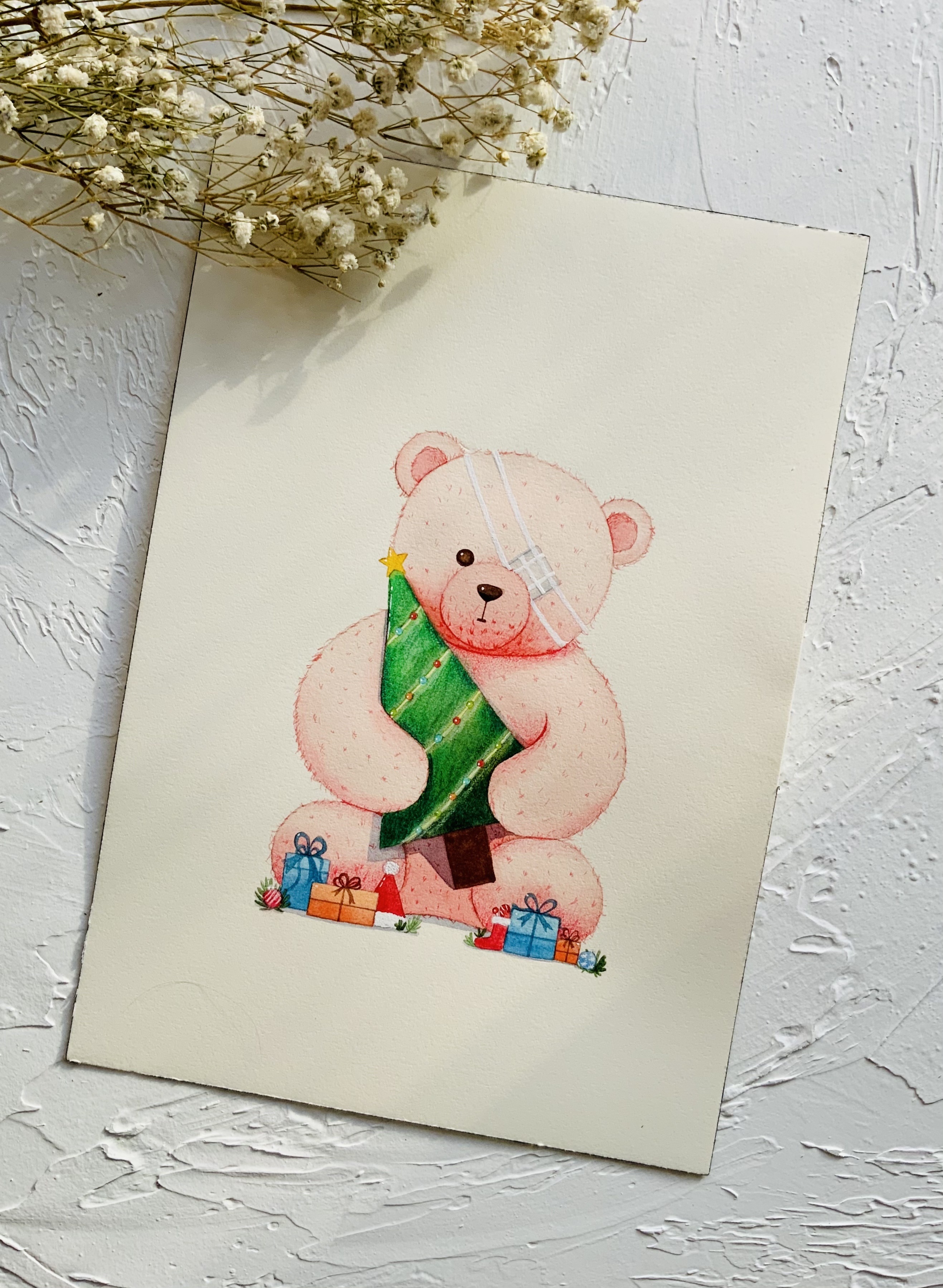 治愈系圣诞熊熊 水彩 彩铅手绘原创插画