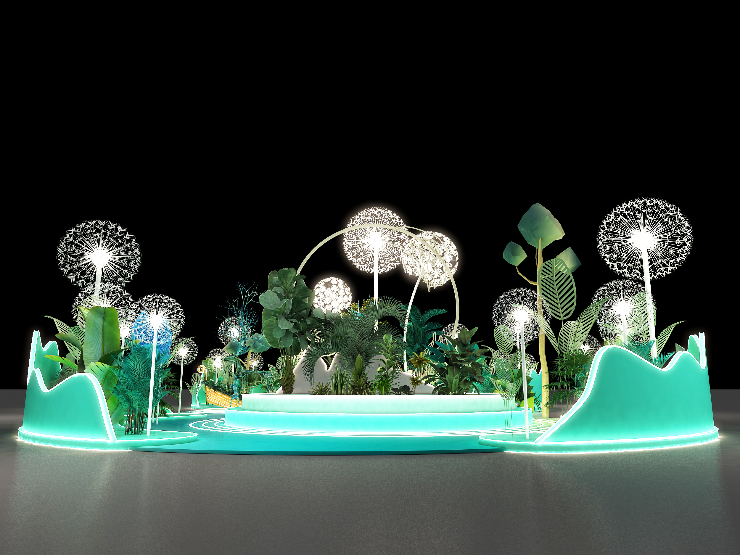 3d效果图绿色森林美陈拍照打卡区设计