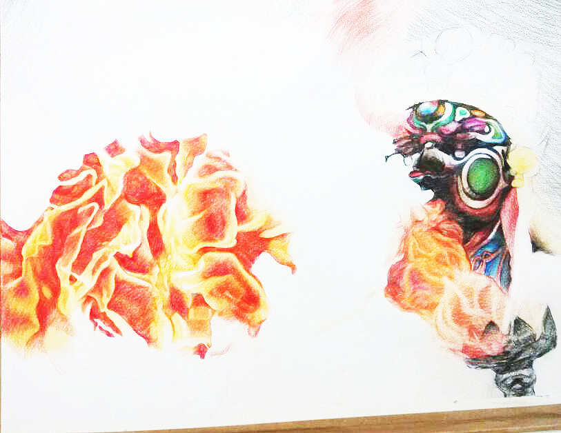 川剧吐火彩铅画绘画过程