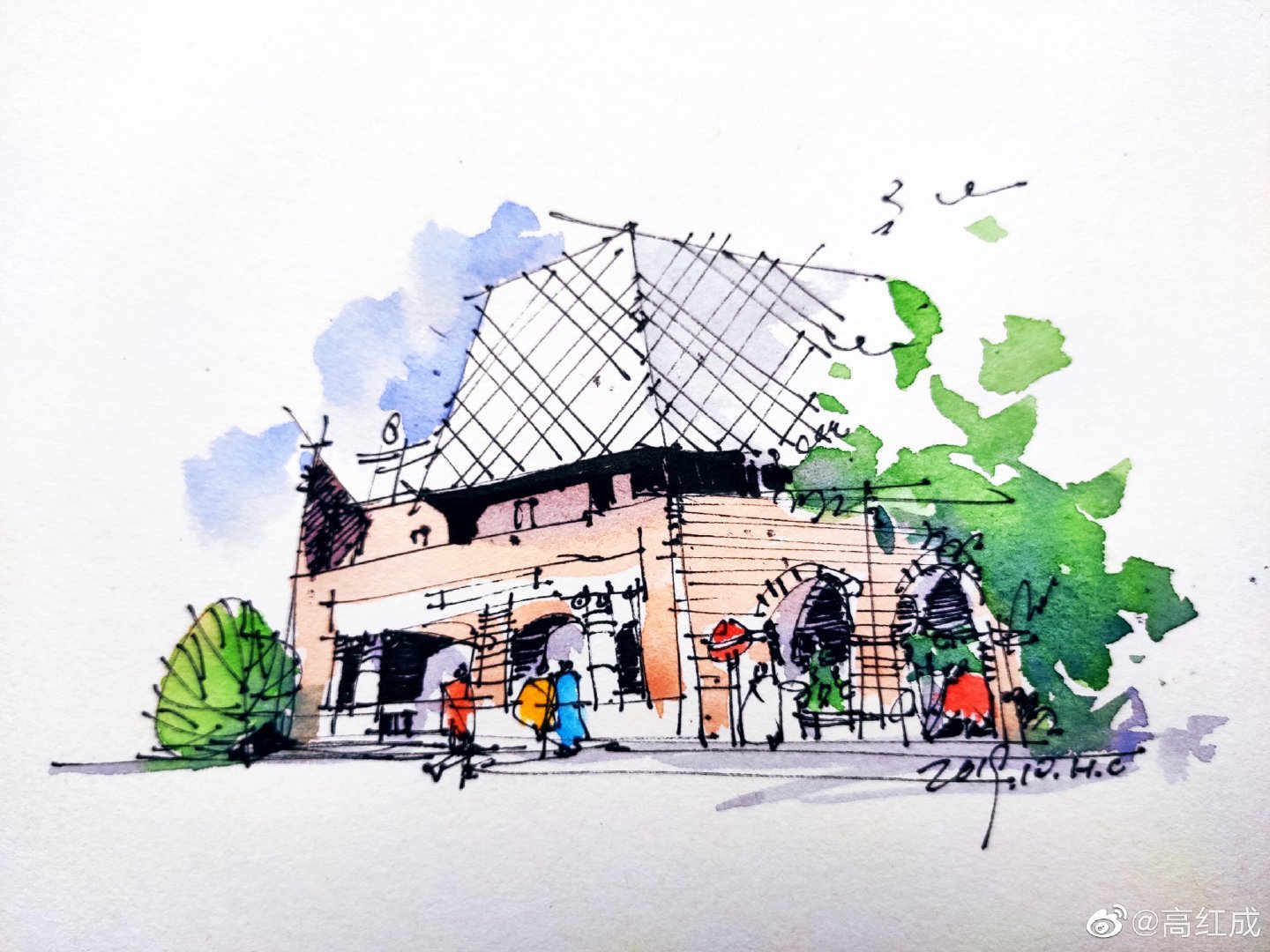 钢笔淡彩建筑风景速写