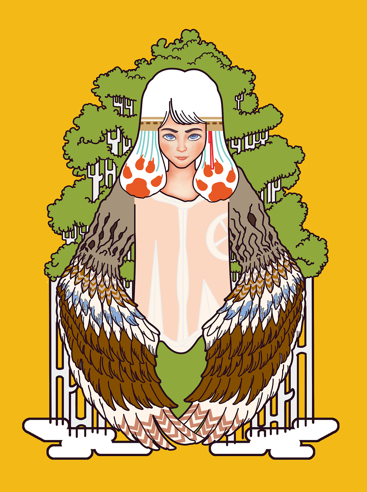 大树·翅膀·女孩 幻想插画