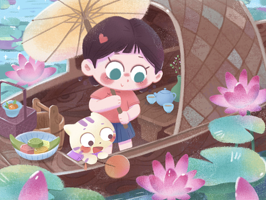 二十四节气插画||小暑插画||荷花池