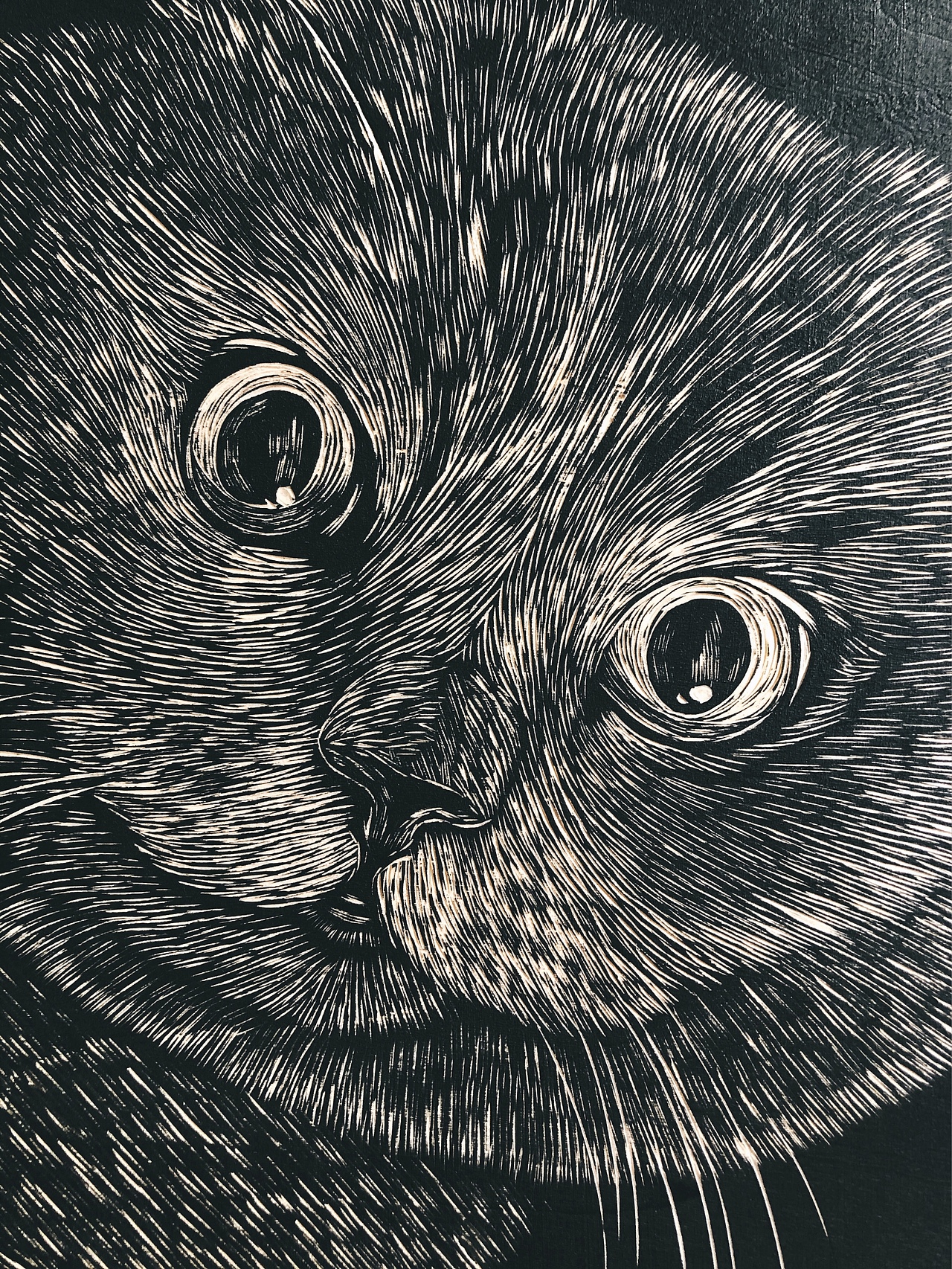 猫咪手工雕刻制作黑白木刻版画宠物篇